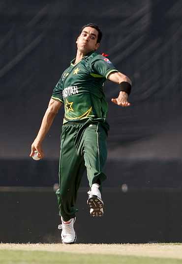 Umar Gul bowls during his match against West Indies