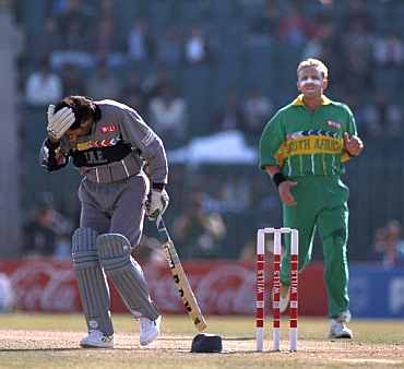 Sultan Zarawani hit by an Allan Donald delivery in the 1996 World Cup