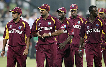 West Indies' players walk off the field after their loss against Pakistan