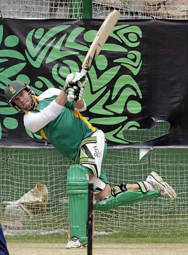South Africa's AB de Villiers plays a shot during a practice session in Mirpur