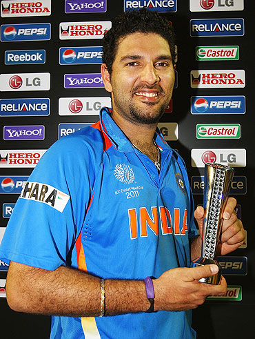 Yuvraj Singh of India with the Man of the Match award