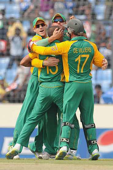 South African team celebrates after picking up a wicket