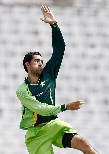 Umar Gul bowls in the nets in Mohali on Monday