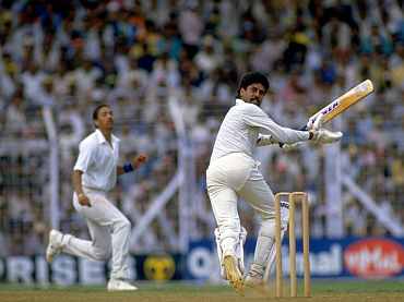 Kapil Dav plays a shot during the 1987 World Cup match against England