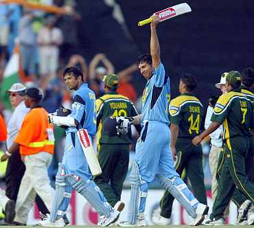 Yuvraj Singh celebrates after winning the 2003 World Cup match against Pakistan