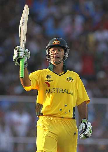 Ricky Ponting reacts after completing his century against India
