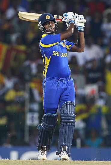 Angelo Mathews hits a six during his semi-final match against New Zealand in Colombo