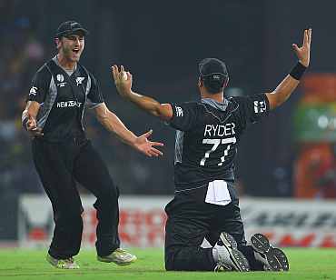 Jesse Ryder reacts after taking a catch of Sri Lanka's Upul Tharanga