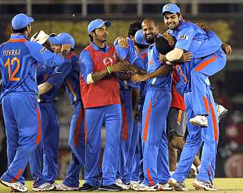 Team India celebrates after clinching victory over Pakistan