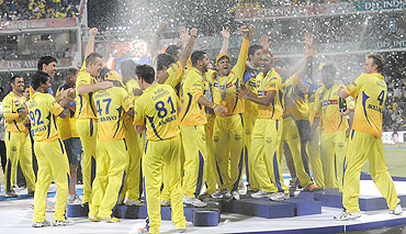 Players from Chennai Super Kings celebrate after winning the IPL-4 final