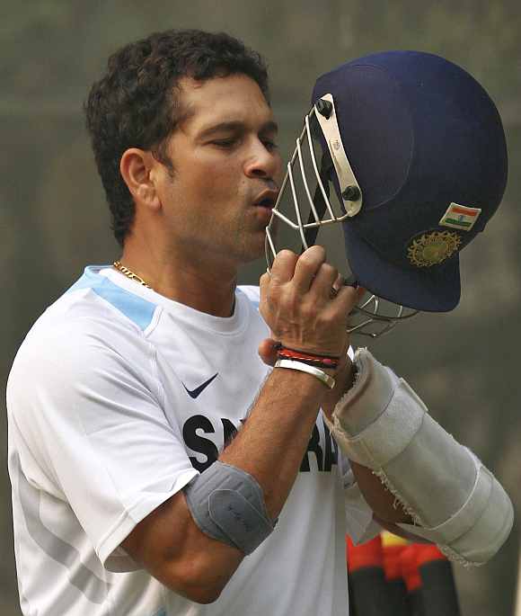 Sachin Tendulkar during a practice session at the Feroz Shah Kotla ground