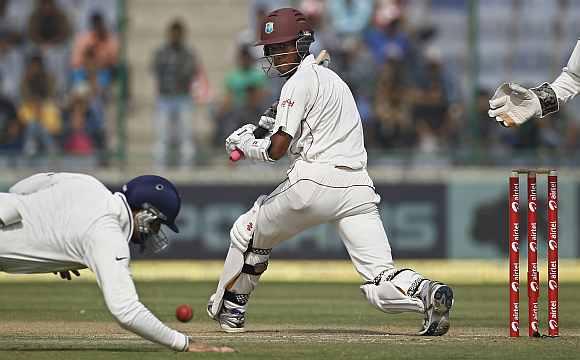 Kraigg Brathwaite plays a shot during his knock against India