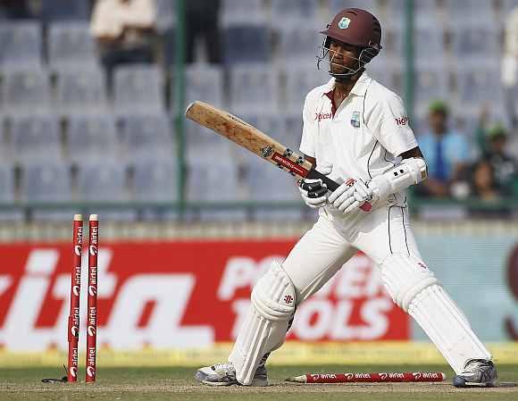 Kraigg Brathwaite is stumped by MS Dhoni