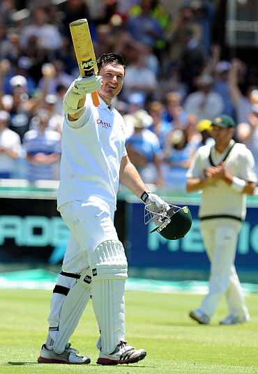 South Africa skipper Graeme Smith celebrates after completing his century