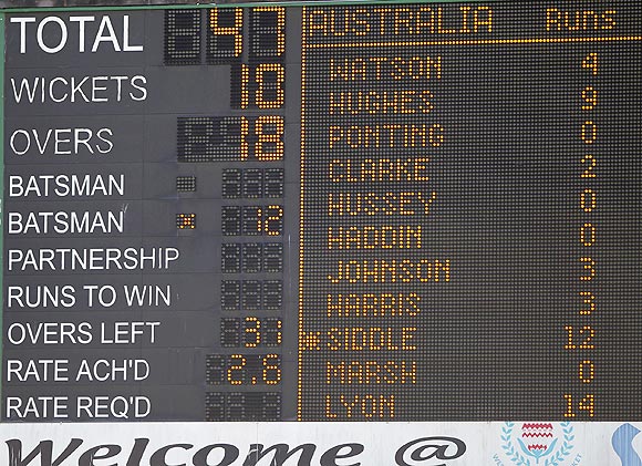 The scoreboard reflects Australia's second innings collapse during the second day of their first Test against South Africa on Thursday