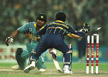 Sachin Tendulkar is stumped by Sri Lankan wicketkeeper during the 1996 World Cup semi-final