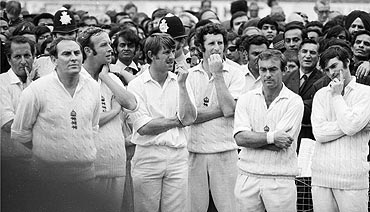Members of the England cricket team (from left) Basil D'Oliveira, Ray Illingworth, Derek Underwood, Brian Luckhurst, John Snow, John Edrich and Alan Knott