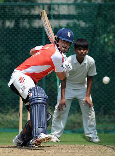 Alastair Cook bats during a nets session in Hyderabad
