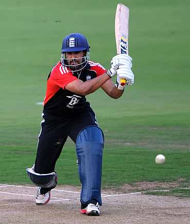 Ravi Bopara hits a boundary during the tour match between England and Hyderabad Cricket Association XI