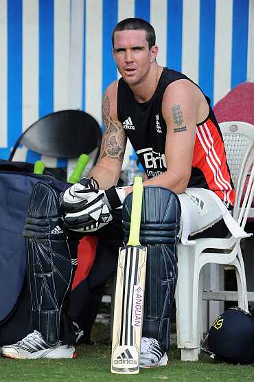 Kevin Pietersen takes a break during the practice session in Hyderabad