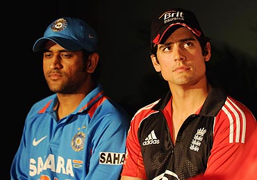 MS Dhoni (left) with Alistair Cook
