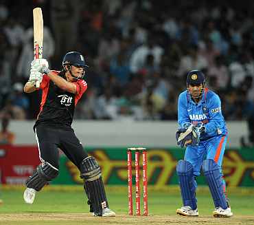 Alastrair Cook hits a boundary during his knock against India