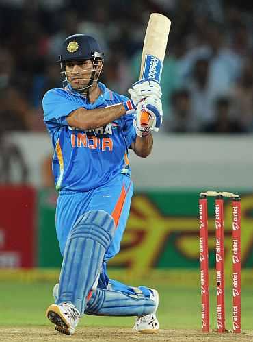 MS Dhoni plays a shot during his knock against England