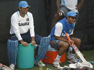MS Dhoni and Suresh Raina during a practice session