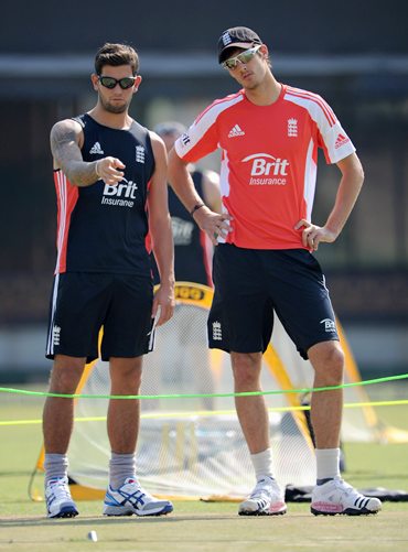 Steven Finn and Jade Dernbach during Wednesday's practice at Mohali