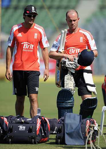 Johanathan Trott and Alastair Cook during a practice session at Wankhede
