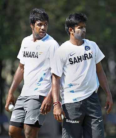 Varun Aaron and Vinay Kumar during a practice session