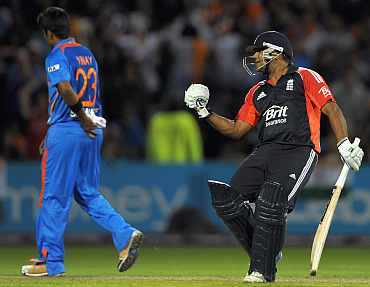 Samit Patel celebrates after winning the Twenty20 against India