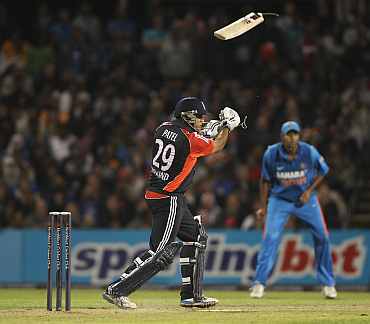 Samit Patel of England breaks his bat during the NatWest International Twenty20 Match between England and India