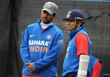 India captain M S Dhoni and Sachin Tendulkar in discussion at the nets