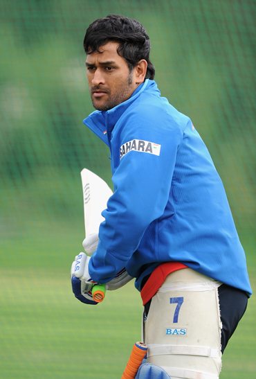 Dhoni gets some batting practice in the nets