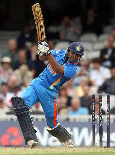 Ravindra Jadeja hits a boundary during his match