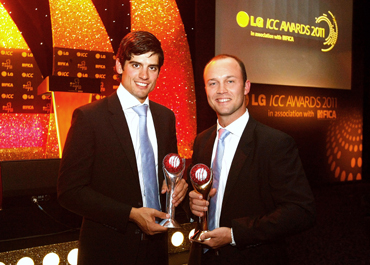 Alastair Cook (left) of England with the ICC Test Cricketer of The Year Award and Jonathan Trott of England with the ICC Cricketer of The Year Award pose