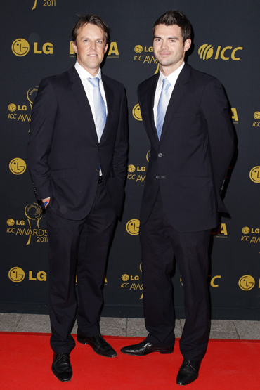 Graeme Swann (left) and James Anderson of England arrive for the LG ICC Awards at The Grosvenor House Hotel