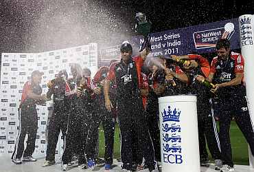 England players celebrate after winning the ODI series against India