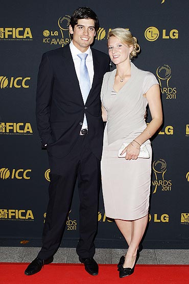 Alastair Cook and his girlfriend Alice Hunt arrive for the ICC Awards