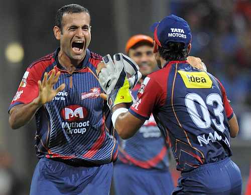 Irfan Pathan celebrates the fall of a wicket