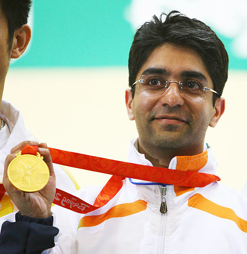 Abhinav Bindra of India poses with his gold medal