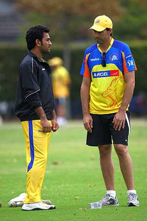 MS Dhoni with coach Stephen Fleming