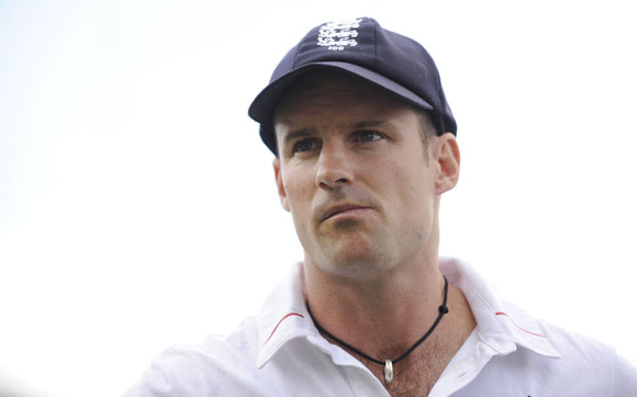 England's captain Andrew Strauss waits to be interviewed after South Africa defeated England in the third cricket Test match at Lord's in London