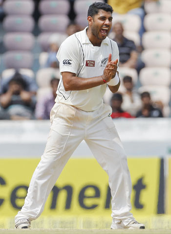 New Zealand's Jeetan Patel celebrates after dismissing India's Ravichandran Ashwin