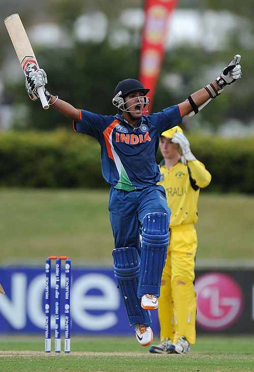 Smit Patel of India celebrates scoring the winning runs during the 2012 ICC U19 Cricket World Cup Final between Australia and India