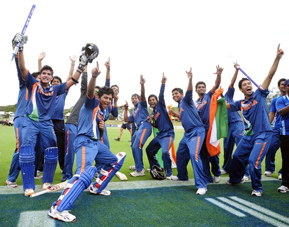 The Indian Under-19 team celebrate winning the World Cup