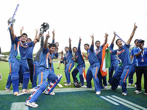India's under-19 players celebrate after winning the World Cup