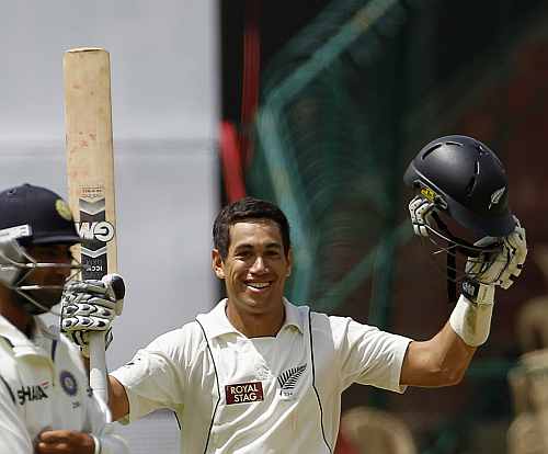 New Zealand's Ross Taylor celebrates after scoring century during first day of their second Test match against India in Bangalore