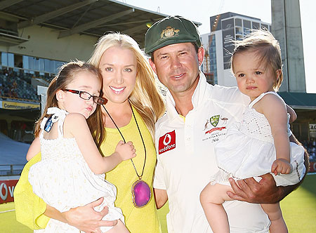Ricky Ponting poses with his wife Rianna, and their children, Emmy and Matisse after day four of the Third Test on Monday